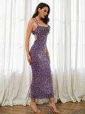 Sequined Backless Cami Bodycon Dress, Elegant Sleeveless Spaghetti Strap Dress, Women's Clothing