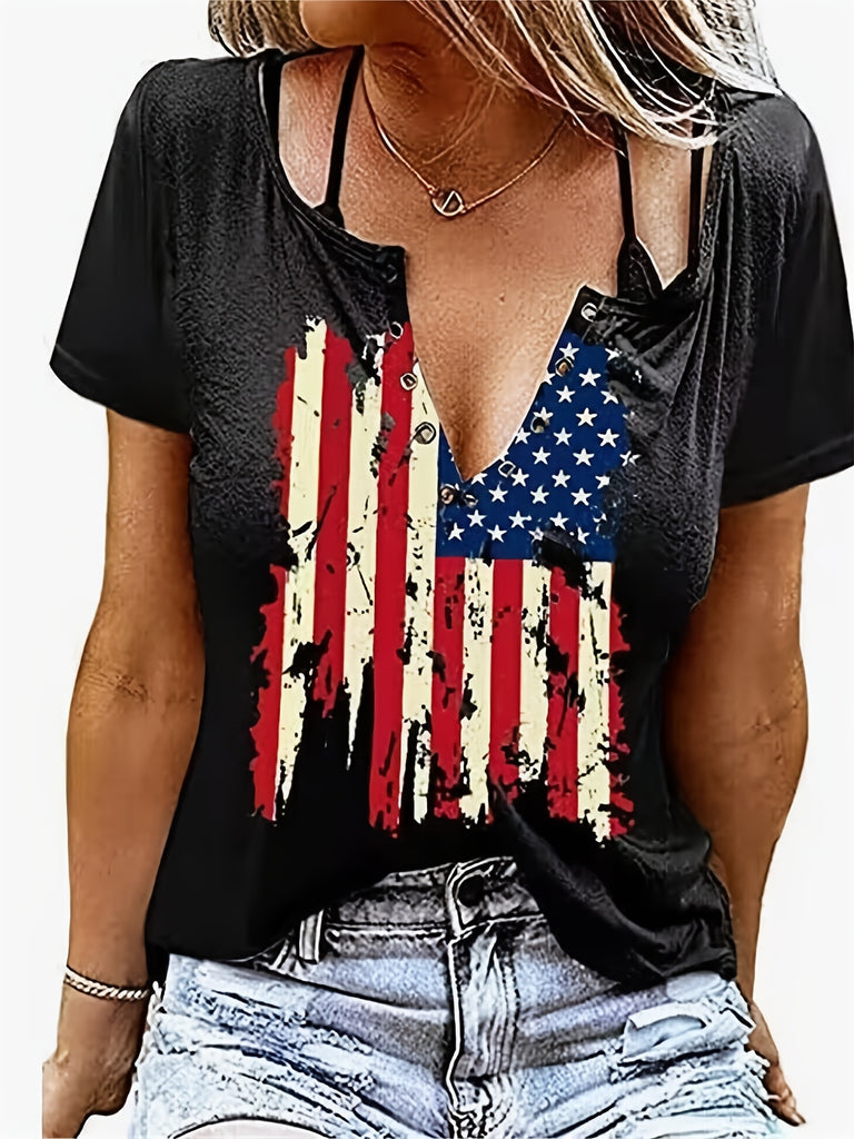 Romildi Independence Day Flag Print Crew Neck T-shirt, Casual Loose Short Sleeve Summer T-Shirts Tops, Women's Clothing