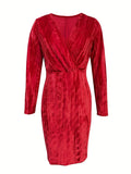 Romildi Solid Surplice Neck Dress, Casual Long Sleeve Bodycon Bag Hip Dress, Women's Clothing