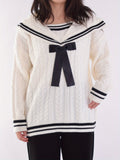 Romildi Bow Tie Knit Sweater, Casual Sailor Collar Long Sleeve Sweater For Fall & Winter, Women's Clothing