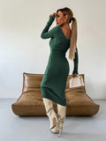 Romildi Ribbed Solid Bodycon Dress, Elegant V Neck Long Sleeve Dress, Women's Clothing