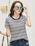 Romildi Striped Crew Neck T-shirt, Elegant Short Sleeve T-shirt For Spring & Summer, Women's Clothing