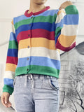 Romildi Rainbow Striped Button Up Knit Cardigan, Boho Crew Neck Long Sleeve Sweater, Women's Clothing