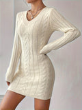 Cable Twist V Neck Knit Dress, Casual Long Sleeve Dress For Fall & Winter, Women's Clothing