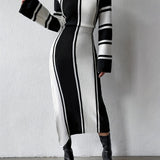 Romildi Color Block Split Dress, Casual Mock Neck Long Sleeve Dress, Women's Clothing