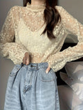 Romildi Guipure Lace Overlay Flare Sleeve Blouse, Casual Mock Neck Long Sleeve Blouse, Women's Clothing