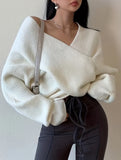 Romildi Solid Cross Front Knit Sweater, Sexy V Neck Long Sleeve Loose Fashion Sweater, Women's Clothing