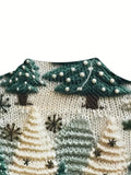 Elegant Christmas Tree Print Sweater for Women - Long Sleeve, Crew Neck, Polyester Knit Pullover - Perfect for Fall & Winter