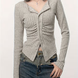 Romildi Long Sleeve Ribbed T-Shirt, Casual Button Up Top For Spring & Fall, Women's Clothing