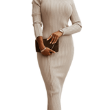 Romildi Ribbed Solid Bodycon Dress, Casual Mock Neck Long Sleeve Dress, Women's Clothing