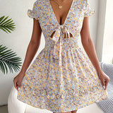 Romildi Ditsy Floral Print Tie Front Dress, Vacation Shirred Waist Short Sleeve Ruffle Trim Dress, Women's Clothing