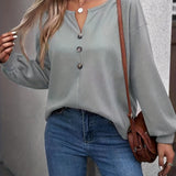 Romildi Button Front Notch Neck T-Shirt, Casual Long Sleeve Top For Spring & Fall, Women's Clothing