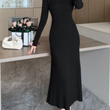 Romildi Solid Color Long Sleeve Knit Dress, Chic Long Sleeve Crew Neck A-line Dress, Women's Clothing