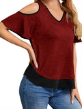 Romildi Sexy Cold Shoulder Blouses, V-neck Casual Color Block Short Sleeve Fashion Loose Tops, Women's Clothing