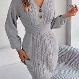 Romildi Cable Knit Sweater Dress, Casual V Neck Long Sleeve Dress, Women's Clothing