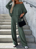 Romildi Casual Solid Two-piece Set, One-shoulder Loose Top & Wide Leg Pants Outfits, Women's Clothing