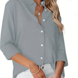 Romildi V-neck Loose Lapel Chiffon Blouses, Casual Button Down Long Sleeve Fashion Shirts Tops, Women's Clothing