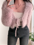 Romildi Solid Tied Front Fluffy Crop Cardigan, Elegant Long Sleeve Chic Sweater, Women's Clothing