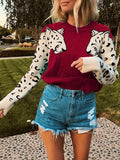 Romildi Contrast Leopard Pattern Crew Neck Knit Top, Casual Long Sleeve Pullover Sweater For Fall & Winter, Women's Clothing