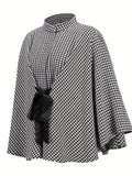 RomildiHoundstooth Print Cape Top, Casual Tie Front Loose Outerwear, Women's Clothing