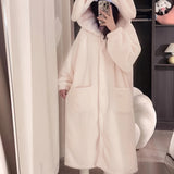 Romildi Cute Rabbit Hooded Fleece Night Robe, Thickened Long Sleeve Button Up Robe With Pockets, Women's Sleepwear & Dresses