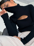 Romildi Solid Turtle Neck Knitted Top, Casual Cut Out Long Sleeve Slim Sweater, Women's Clothing