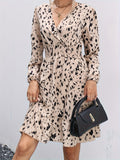 Romildi Leopard Print Lantern Sleeve Dress, Casual Surplice Neck A-line Shirred Dress, Women's Clothing