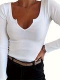 Romildi Solid Ribbed Notch Neck T-Shirt, Casual Long Sleeve Top For Spring & Fall, Women's Clothing