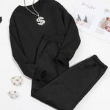 Romildi 2pcs Long Sleeve Casual Sports Sets, Fleece Liner Crew Neck Pullover Sweatshirt & Casual Loose Sweatpants, Women's Activewear