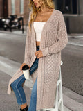 romildi  Solid Open Front Pointelle Knit Cardigan, Casual Long Sleeve Mid Length Split Sweater, Women's Clothing