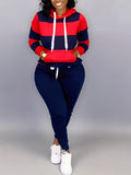 Romildi Romildi Plus Size Casual Outfits Two Piece Set, Women's Plus Colorblock Stripe Print Long Sleeve Drawstring Hoodie Sweatshirt & Joggers Outfits 2 Piece Set