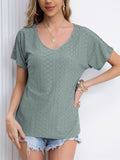 Romildi V Neck Eyelet T-Shirt, Solid Short Sleeve Casual Top For Summer & Spring, Women's Clothing