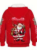 Festive Boys' Winter Hoodie - Fashion Sweatshirts with Santa & Reindeer Print, Long Sleeve Pullover, Casual Polyester Knit with Spandex, Regular Fit for Ages 12 & Under, Perfect for Fall and Winter Seasons