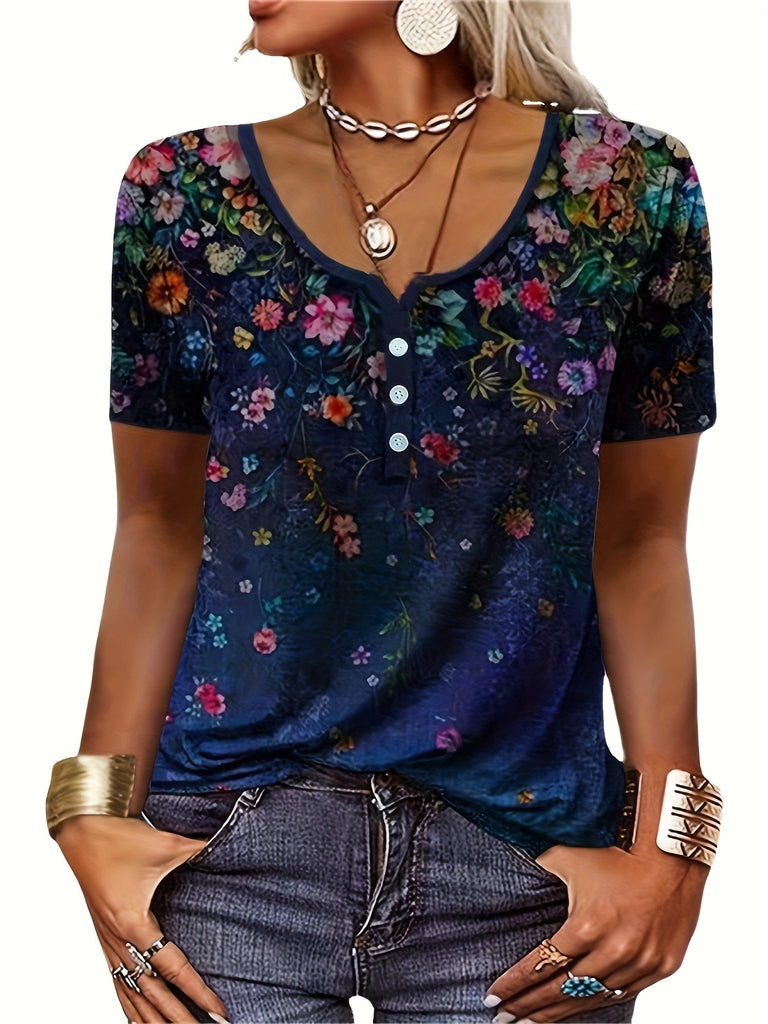 Romildi Floral Print Color Block T-shirt, Casual Crew Neck Short Sleeve Summer T-shirt, Women's Clothing