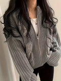 Romildi Solid Zip Up Chunky Knit Cardigan, Vintage Long Sleeve Loose Sweater, Women's Clothing