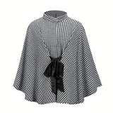 RomildiHoundstooth Print Cape Top, Casual Tie Front Loose Outerwear, Women's Clothing