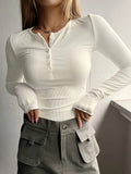 Romildi Solid Ribbed T-Shirt, Casual Long Sleeve Top For Spring & Fall, Women's Clothing