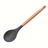 1pc Silicone Spoon with Wooden Handle - Durable, Non-Stick, Heat Resistant, for Cooking & Serving, Ideal for Soup, Salad Mixing, Kitchen Use