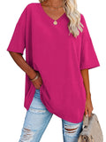 Romildi Basic Loose Solid T-Shirts, Casual Short Sleeve V-Neck T-Shirts, Casual Every Day Tops, Women's Clothing