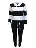 Romildi Romildi Plus Size Casual Outfits Two Piece Set, Women's Plus Colorblock Stripe Print Long Sleeve Drawstring Hoodie Sweatshirt & Joggers Outfits 2 Piece Set