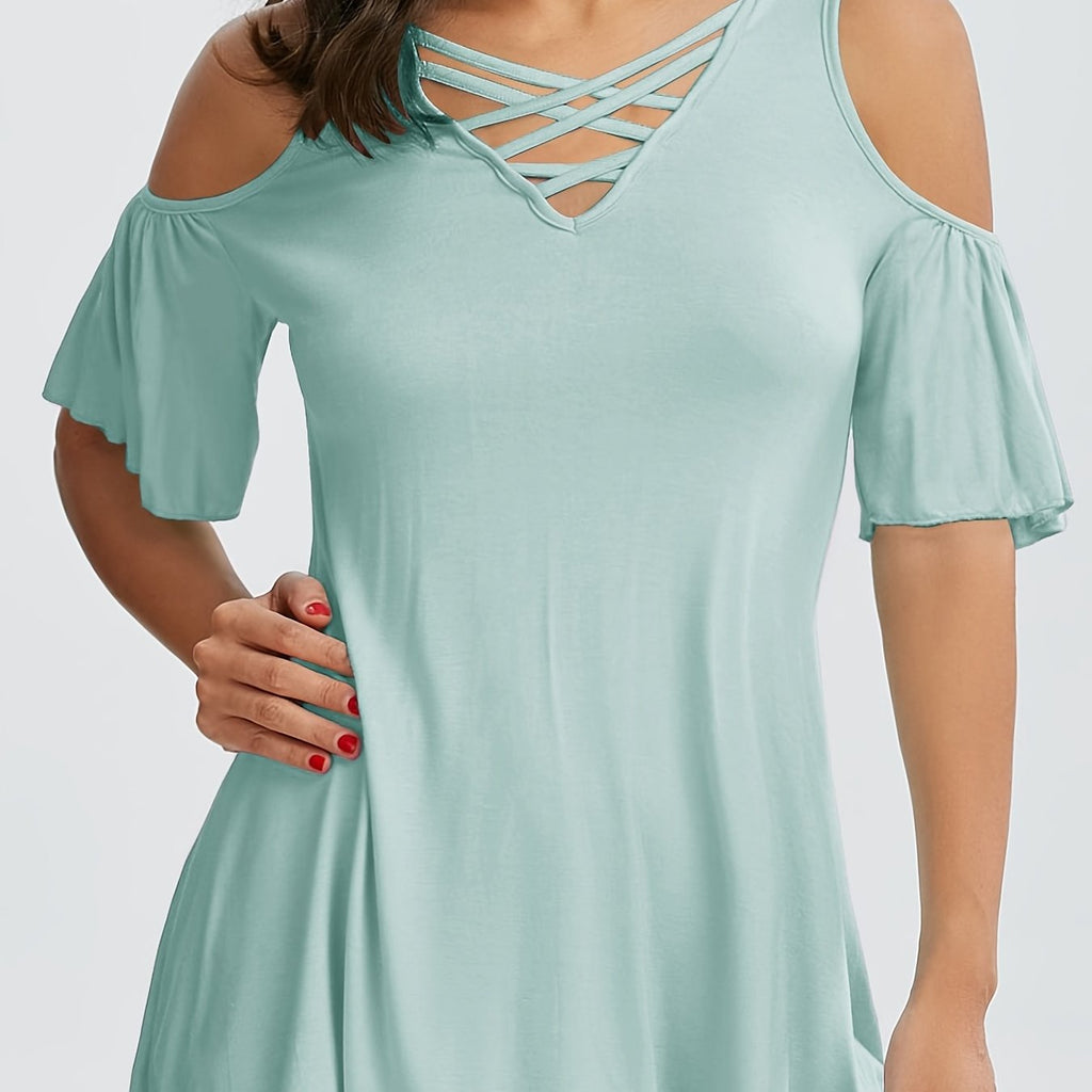 Romildi Solid Cold Shoulder Cross Front T-shirt, Casual V Neck Ruffles Sleeve T-Shirt For Spring & Summer, Women's Clothing