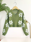 Romildi Floral Jacquard Girls Drop Shoulder V-neck Knitted Sweater For Fall Winter