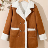 Romildi Girls Lapel Fleece Spliced Vintage Button Pea Coat For Winter Outerwear