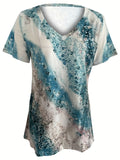 Romildi All Over Print V Neck T-Shirt, Casual Short Sleeve Top For Spring & Summer, Women's Clothing