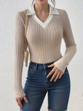 Romildi Slim Rib Knit Sweater, Casual V Neck Long Sleeve Sweater, Women's Clothing