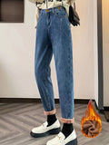 Romildi High Waist Versatile Tapered Jeans, Fleece Liner Keep Warm Casual Mom Jeans, Women's Denim Jeans & Clothing