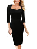 Romildi Solid Squared Neck Dress, Elegant 3/4 Sleeve Bodycon Dress, Women's Clothing