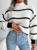 Romildi Striped Lantern Sleeve Sweater, Casual Turtle Neck Long Sleeve Sweater, Casual Tops For Fall & Winter, Women's Clothing