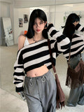 Romildi Striped Off Shoulder Knitted Top, Casual Long Sleeve Crop Sweater For Spring & Fall, Women's Clothing