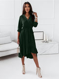 Romildi Ruffle Hem Surplice Neck Dress, Elegant Solid Long Sleeve Midi Dress, Women's Clothing